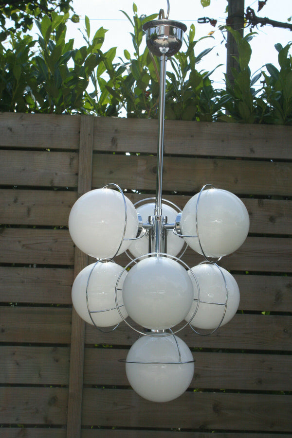 Retro Mid-century Chrome 7 opaline glass globes sputnik atomic chandelier 70's