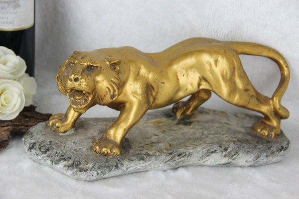 French art deco chalware gold gilt panther tiger sculpture 1930's