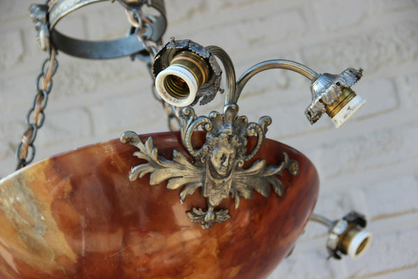 Antique French Alabaster Amber Coupe bowl  Caryatid heads chandelier