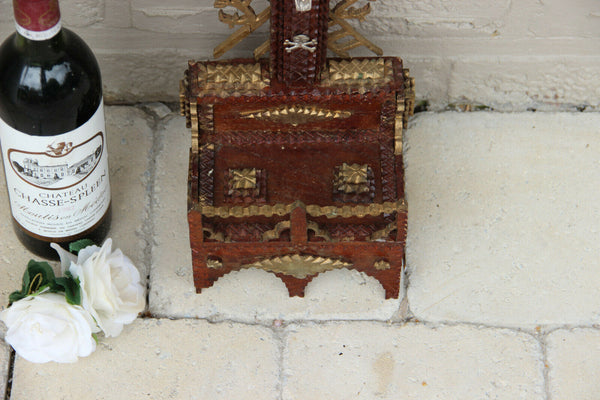 Antique French Tramp art wood carved Crucifix statue religious