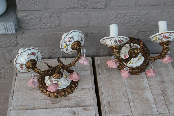PAIR vintage French porcelain faience Wall lights sconces rose flowers