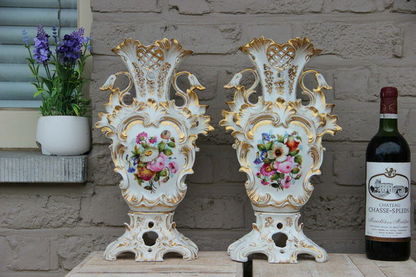 PAIR antique French vieux paris porcelain hand paint floral scene