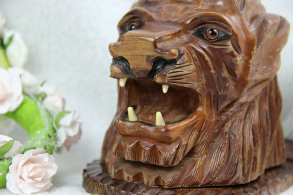 Vintage Mid century Wood carved lion panther head cigarettes cigar cave box