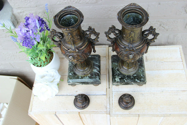 PAIR antique spelter bronze putti angel romantic Marble base Vases urn