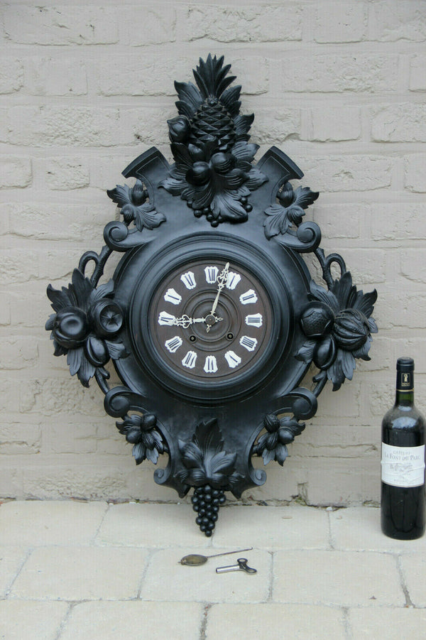 XXL Antique BLACK FOREST wood carved fruits pineapple wall clock black rare