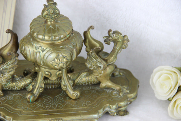French antique bronze dragons gothic inkwell desk