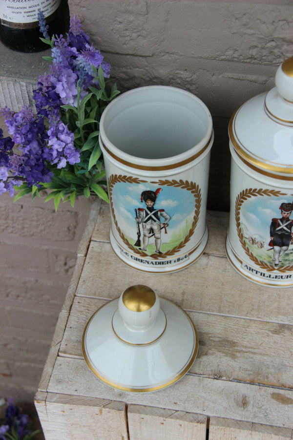 Rare Set 4 Empire vieux paris napoleonic soldier porcelain apothecary jars pots