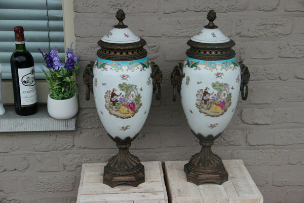 PAIR French antique porcelain bronze ram heads victorian romantic Vases