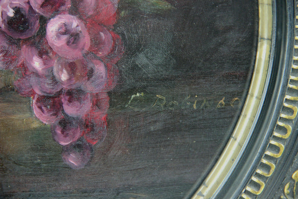 French antique oil cardboard oval still life Flowers fruits painting