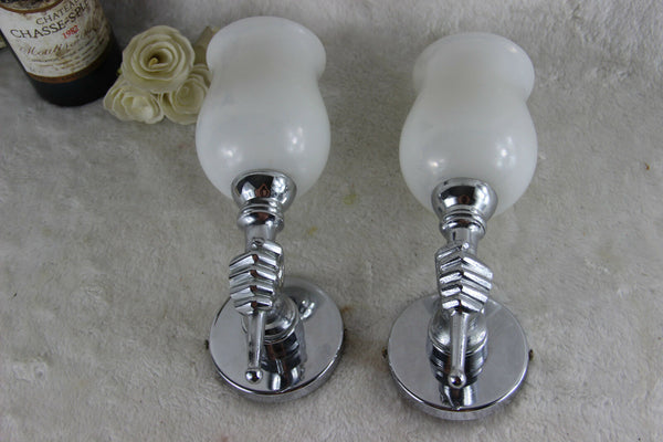 PAIR mid century 1970 Chrome Hand wall lights sconces opaline glass attr jansen