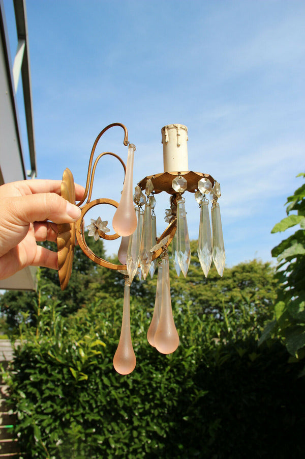 PAIR 1960 Italian wall lights sconces pink murano drops crystal pendants
