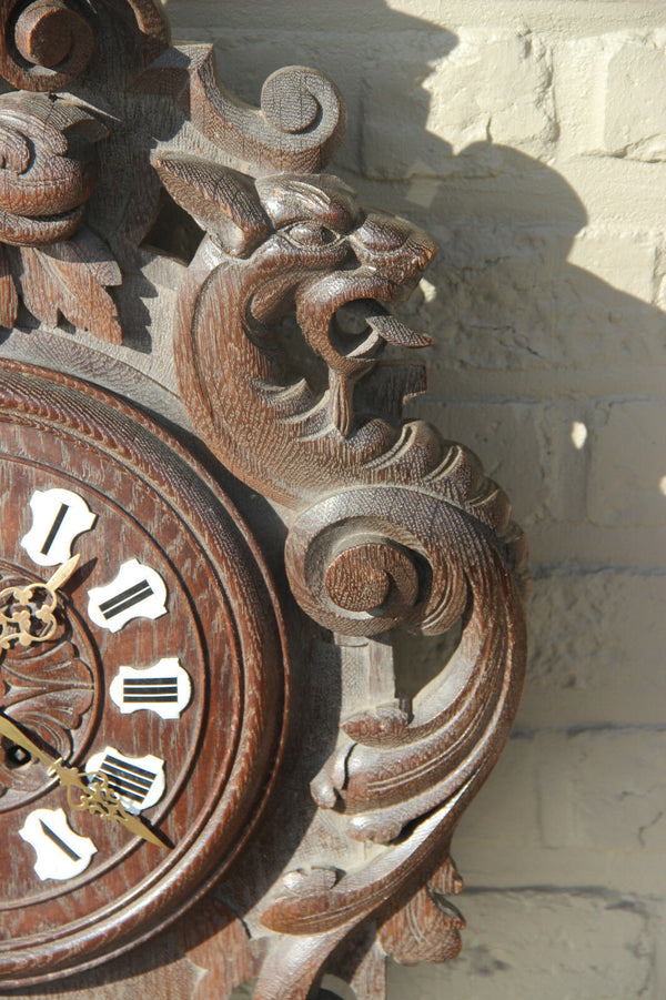 Gothic Dragon Black forest wood carved wall clock devil head rare