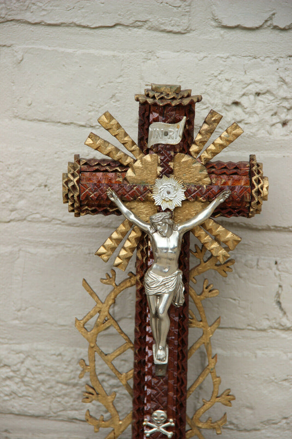 Antique French Tramp art wood carved Crucifix statue religious