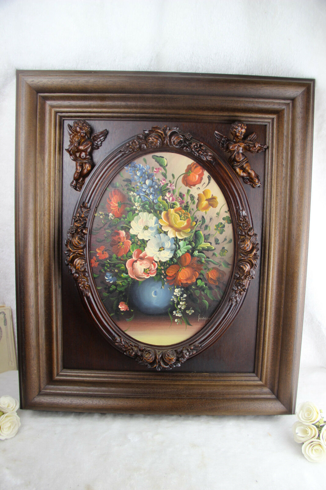 Gorgeous 1970 Flemish oil canvas maroufle painting putti cherubs frame wood