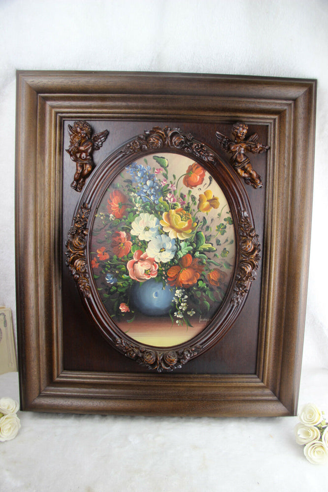 Gorgeous 1970 Flemish oil canvas maroufle painting putti cherubs frame wood