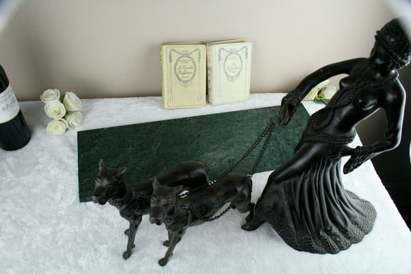 Huge XL Bronze 1930 Art deco lady statue dogs leash on marble base