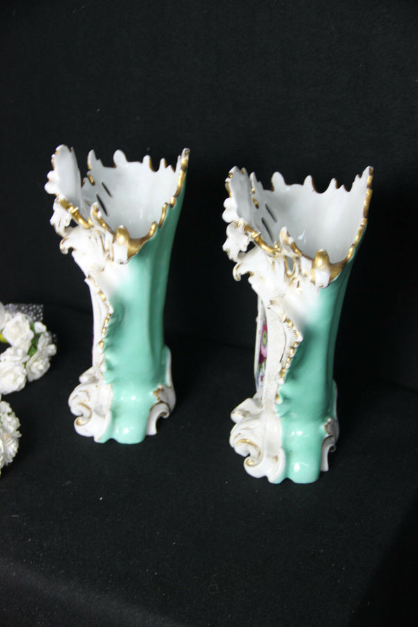PAIR antique vieux paris porcelain Vases floral hand paint
