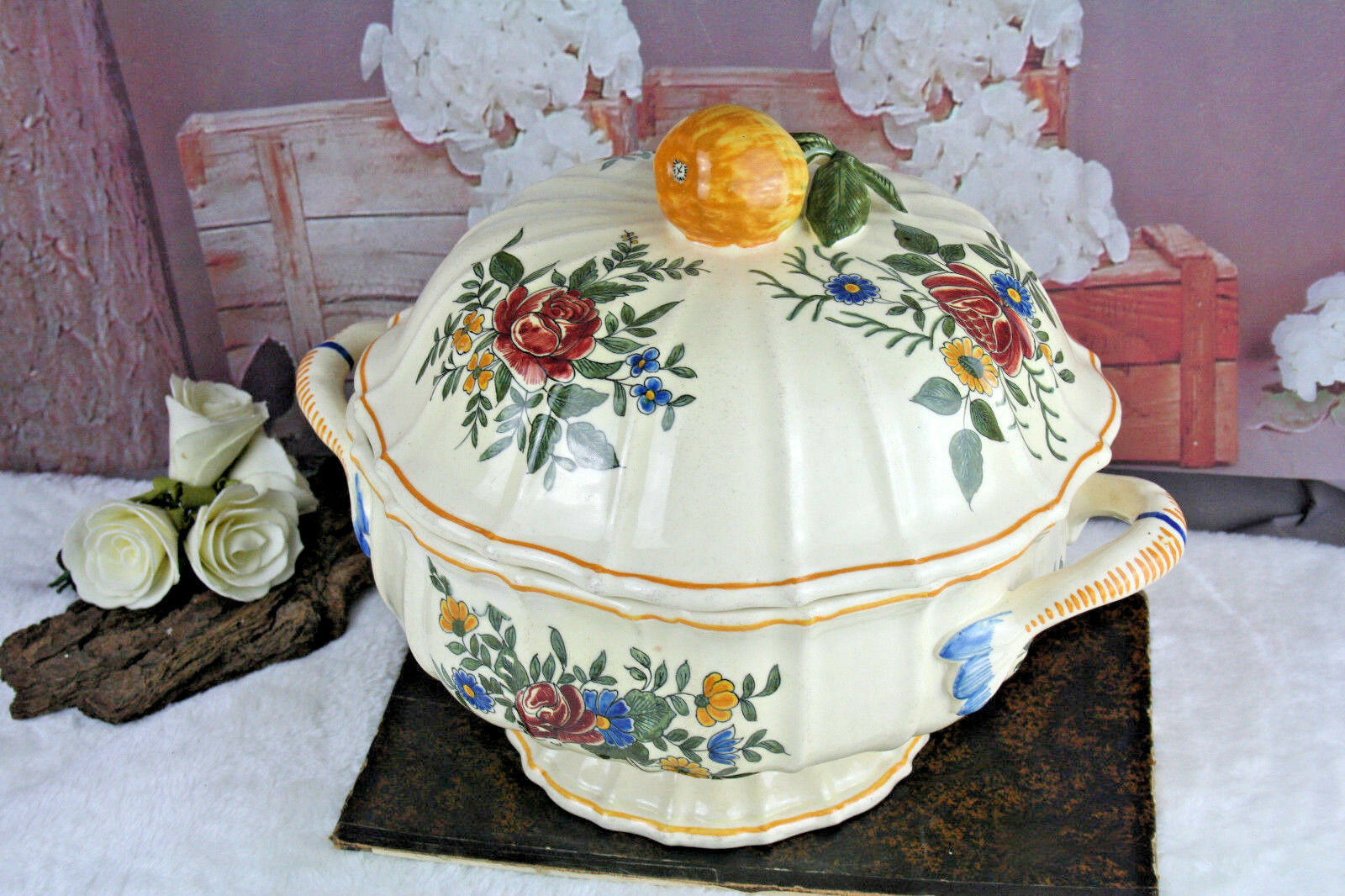 French Porcelain Bowl center piece table floral apple marked JVD