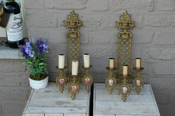 PAIR vintage French brass Wall lights sconces porcelain victorian plaques