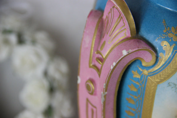 Pair antique French sevres porcelain vases romantic decor marked 19thc