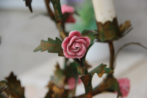 French 1970 MEtal gold gilt chandelier 3 arms majolica roses flowers