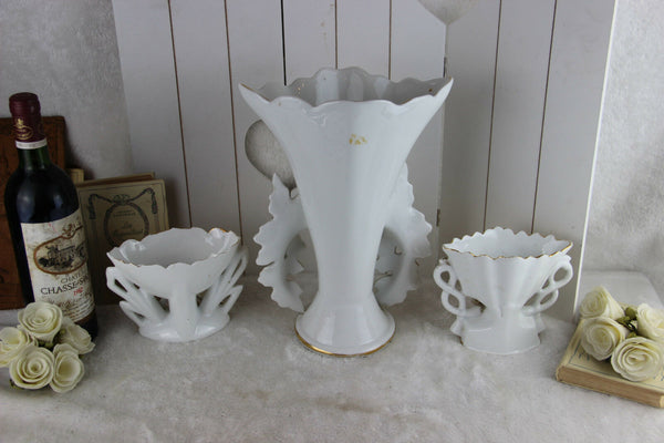 SET Vieux brussels porcelain Gold gilt Vases birds floral