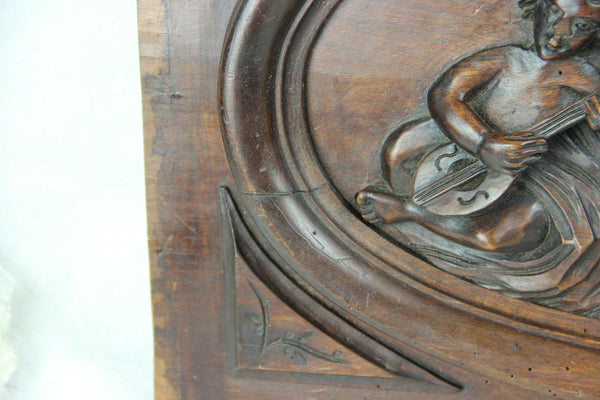 Antique french wood carved putti angels music figurines wall panel plaque