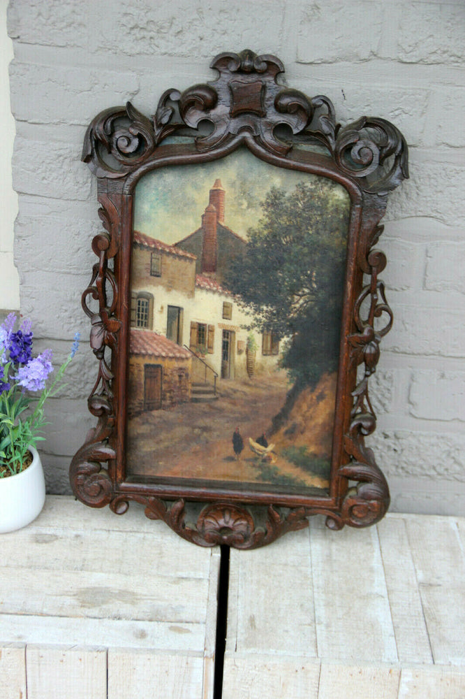 Rare antique black forest wood carved Frame with oil panel painting chickens