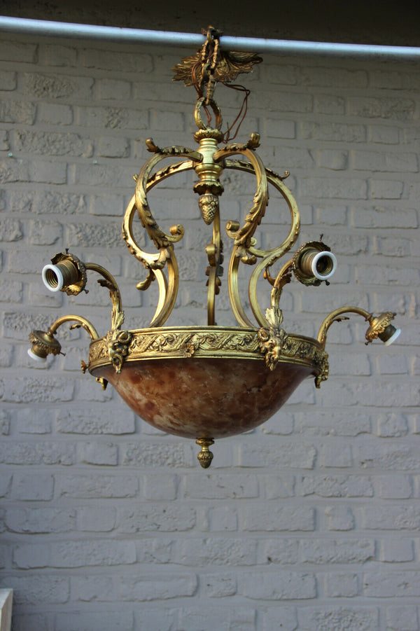 Antique French Amber alabaster marble Ram head Bronze chandelier 5 arms