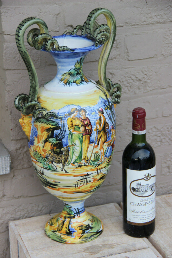 LARGE antique Italian majolica Satyr heads snakes handles hand paint vase