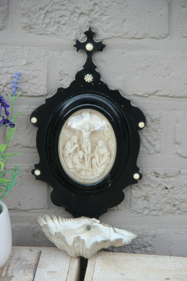 Antique French napoleon III meerschaum religious wood carved holy water font
