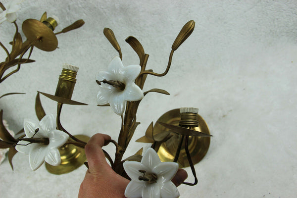 PAIR large antique french religious church brass opaline lily flower sconces