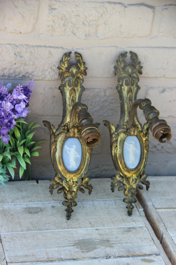 PAIR antique french bronze wegdwood porcelain plaque sconces wall lights