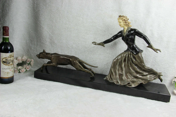 XXL French ART DECO 1930 spelter bronze lady dog on leash marble base