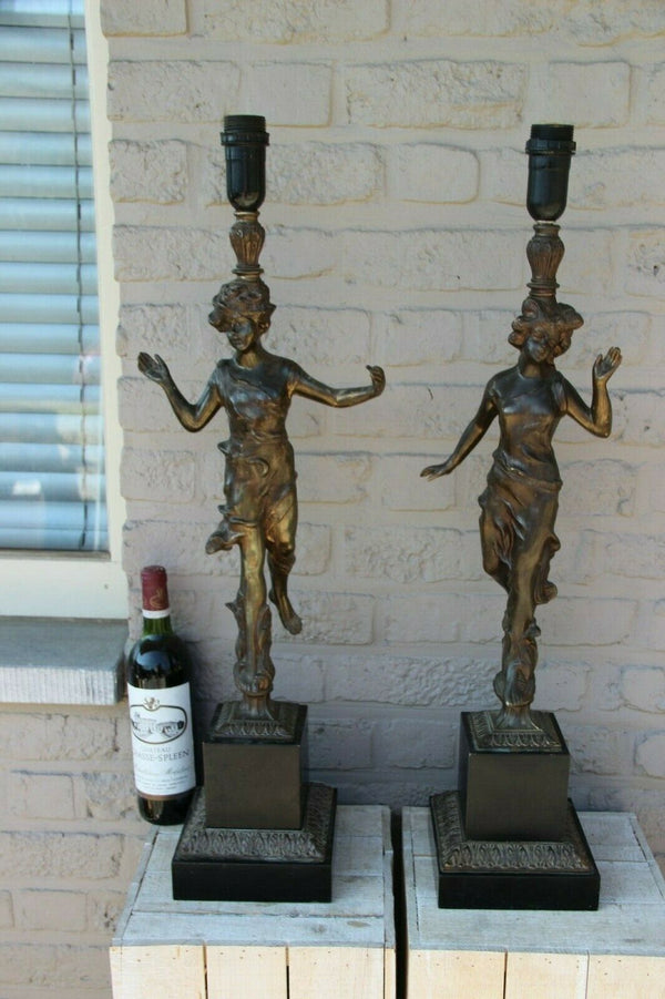 Pair XL antique French metal Romantic boy girl figurine table lamps