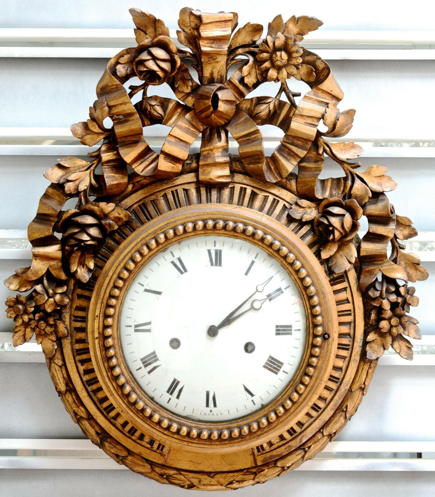 HUGE Antique black forest  Wood carved Wall clock Floral decor rare