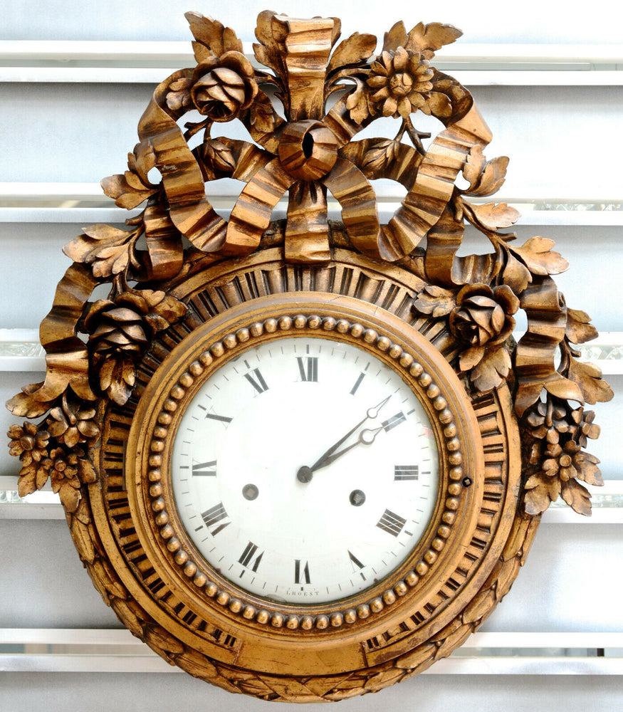 HUGE Antique black forest  Wood carved Wall clock Floral decor rare