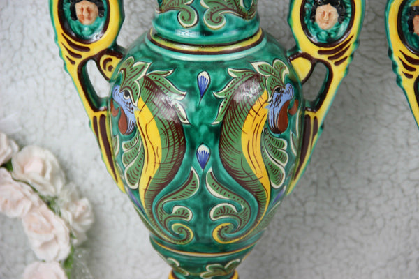 Antique pair French Barbotine majolica queen elizabeth mythological dragon vases