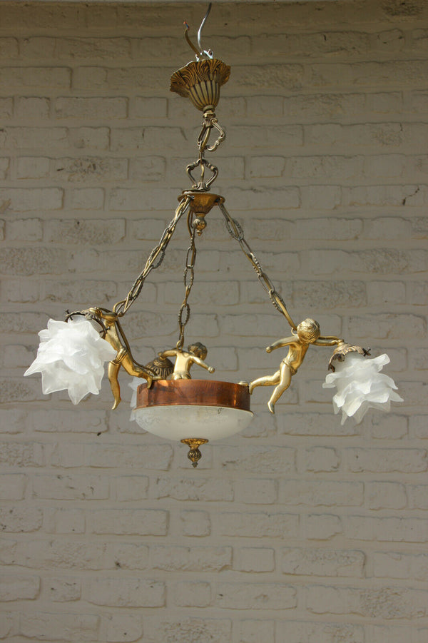 French Mathieu signed bronze glass 3 putti angels chandelier pendant