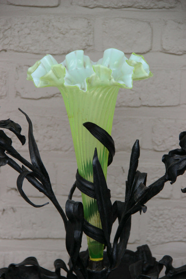 Huge Art nouveau Wrought iron Centerpiece table vase uranium glass Van Boeckel
