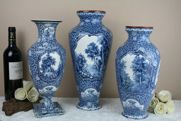 Set 3 Antique Royal bonn Blue white flamand decor nature theme Vases marked