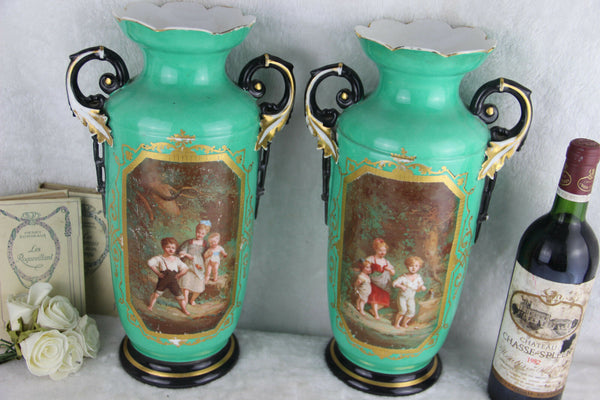 XL pair French antique vieux paris porcelain Vases romantic victorian