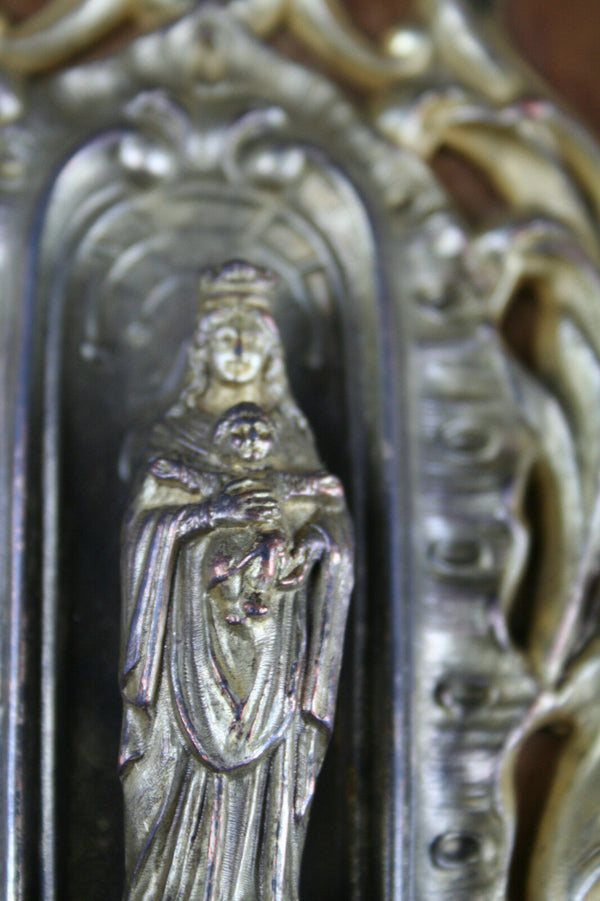 Antique FRench 1900 Brass Bronze Holy water font benitier Louis XV wood plaque