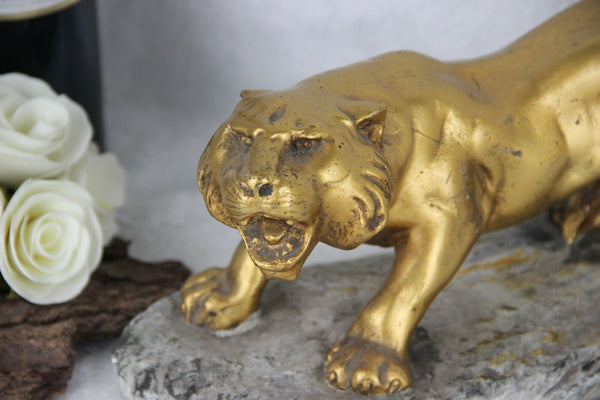 French art deco chalware gold gilt panther tiger sculpture 1930's
