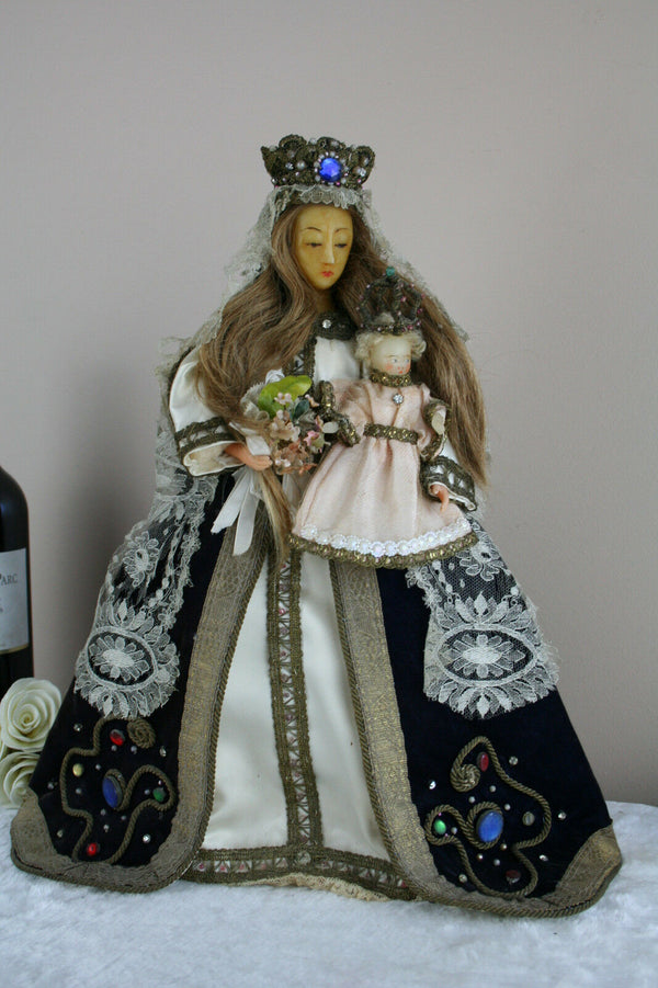 Rare Antique 1880 French crown Wax Madonna statue child cape stones religious
