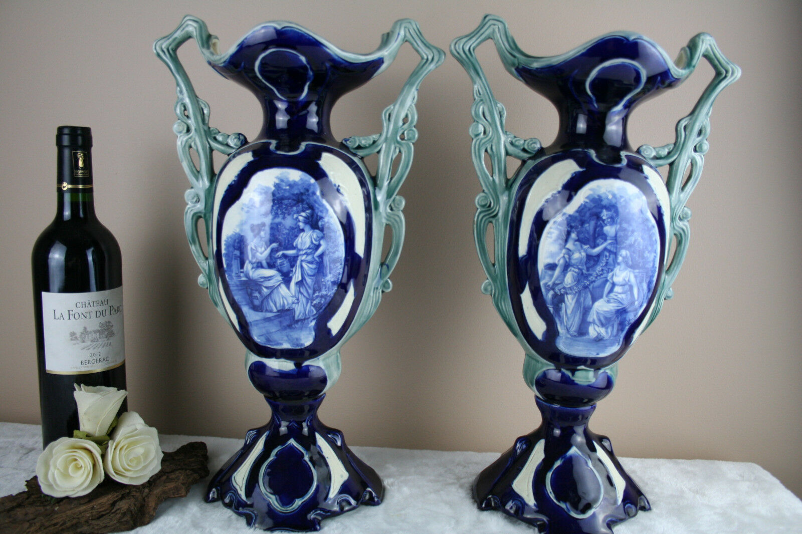 XL antique french  PAIR faience pottery Vases 1930