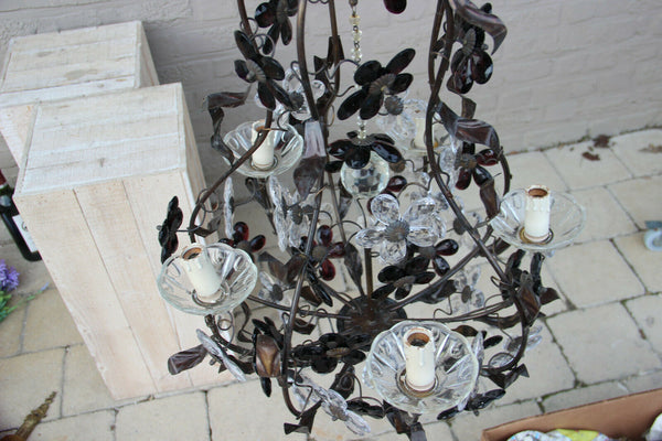 Vintage French metal Glass daisy flower Chandelier lamp attr MAISON BAGUES 1970