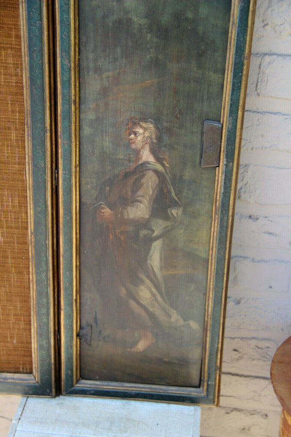 Antique rare religious XXL wall Triptych Wood carved christ oil panel paintings