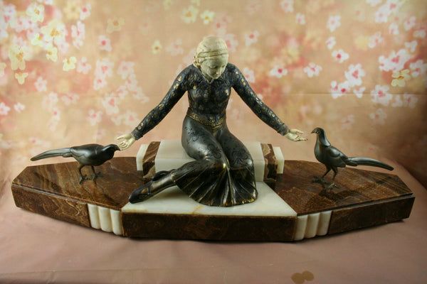 LARGE Heavy ART DECO group lady birds patinated metal / ivorine signed GORI