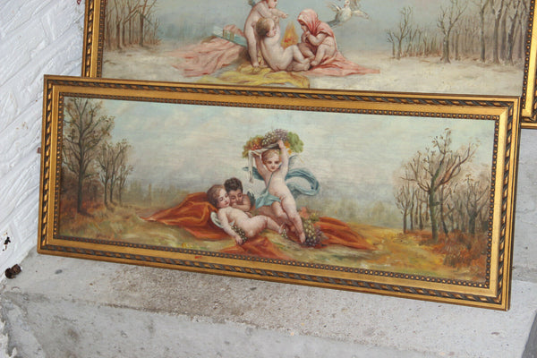 Top French Antique set 4 oil canvas Painting Putti angels  4 Seasons